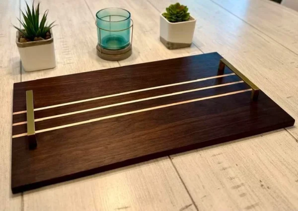 Handmade wood serving tray with handles and wooden stands